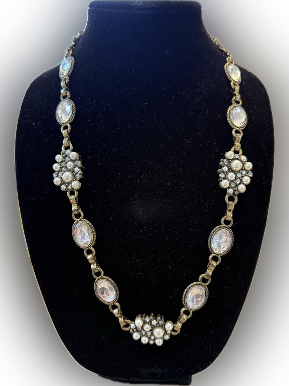 Vintage-Inspired Gold Tone Statement Necklace with Clear Crystals and Pearls